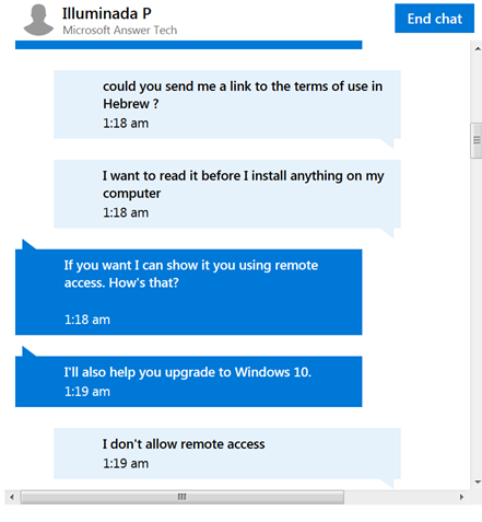 הבקשה לעיין בתנאי השימוש והפרטיות של Windows 10 נענתה בהצעה להשתלט מרחוק על המחשב ולהתקין את התוכנה (צילום מסך)