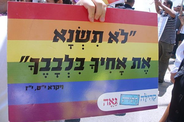 שלט במצעד הגאווה, שמכוון כלפי הומופוביה דתית: "לא תשנא את אחיך בלבבך" ויקרא 19:17 . הציטוט המקראי על רקע דגל הגאווה. מצעד הגאווה באשדוד, ישראל, 21 ביוני 2013 (מתוך: ויקיפדיה).
