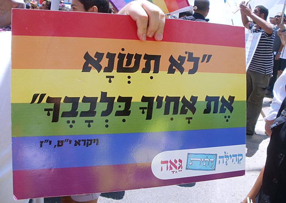 שלט במצעד הגאווה, שמכוון כלפי הומופוביה דתית: "לא תשנא את אחיך בלבבך" ויקרא 19:17 . הציטוט המקראי על רקע דגל הגאווה. מצעד הגאווה באשדוד, ישראל, 21 ביוני 2013 (מתוך: ויקיפדיה).