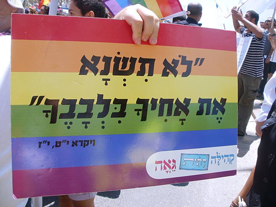 שלט במצעד הגאווה, שמכוון כלפי הומופוביה דתית: "לא תשנא את אחיך בלבבך" ויקרא 19:17 . הציטוט המקראי על רקע דגל הגאווה. מצעד הגאווה באשדוד, ישראל, 21 ביוני 2013 מתוך: ויקיפדיה