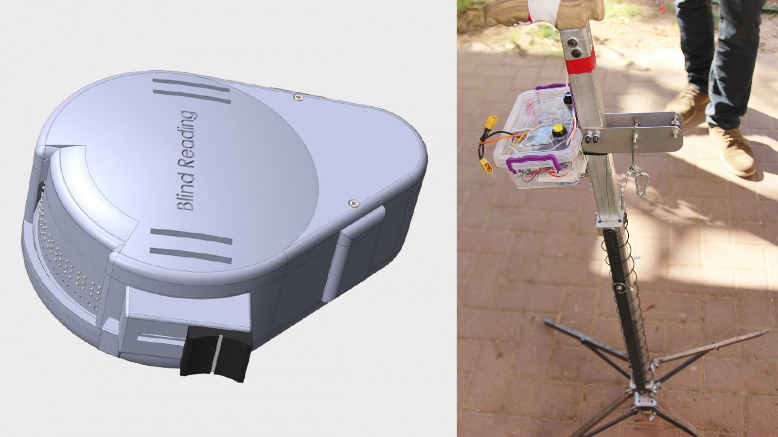 מימין: מקל הליכה מייצב, מתקן קריאה לעוורים (תמונות: דוברות אוניברסיטת אריאל).