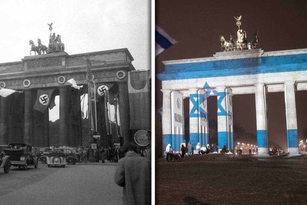 שער ברנדנבורג בליל אמש והשער בשנת 1939 (צילום: סוכנות AP | ויקיפדיה).
