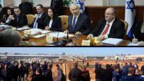 למעלה: ישיבת ממשלה, דצמבר 2015. למטה: תושבי קלנסווה משקיפים על הריסות בתיהם (תמונות: אלכס קולמויסקי | דוברות הרשימה המשותפת)