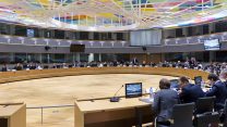 View of the round table meeting of Eurogroup finance ministers at the EU Council building in Brussels on Monday, Feb. 20, 2017. The eurozone's 19 finance ministers will be looking to defuse the risk of another Greek crisis as they try to agree Monday on what reforms Greece must still take to qualify for more loans. (AP Photo/Thierry Monasse)