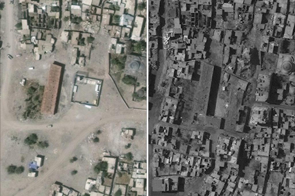 צילומי לוויין שסופקו על ידי האו"ם של בית ספר בעיירה סור שבמחוז דיארבקיר שבטורקיה. מימין יוני 2015, משמאל מרץ 2016 (DigitalGlobe/UNOSAT via AP)