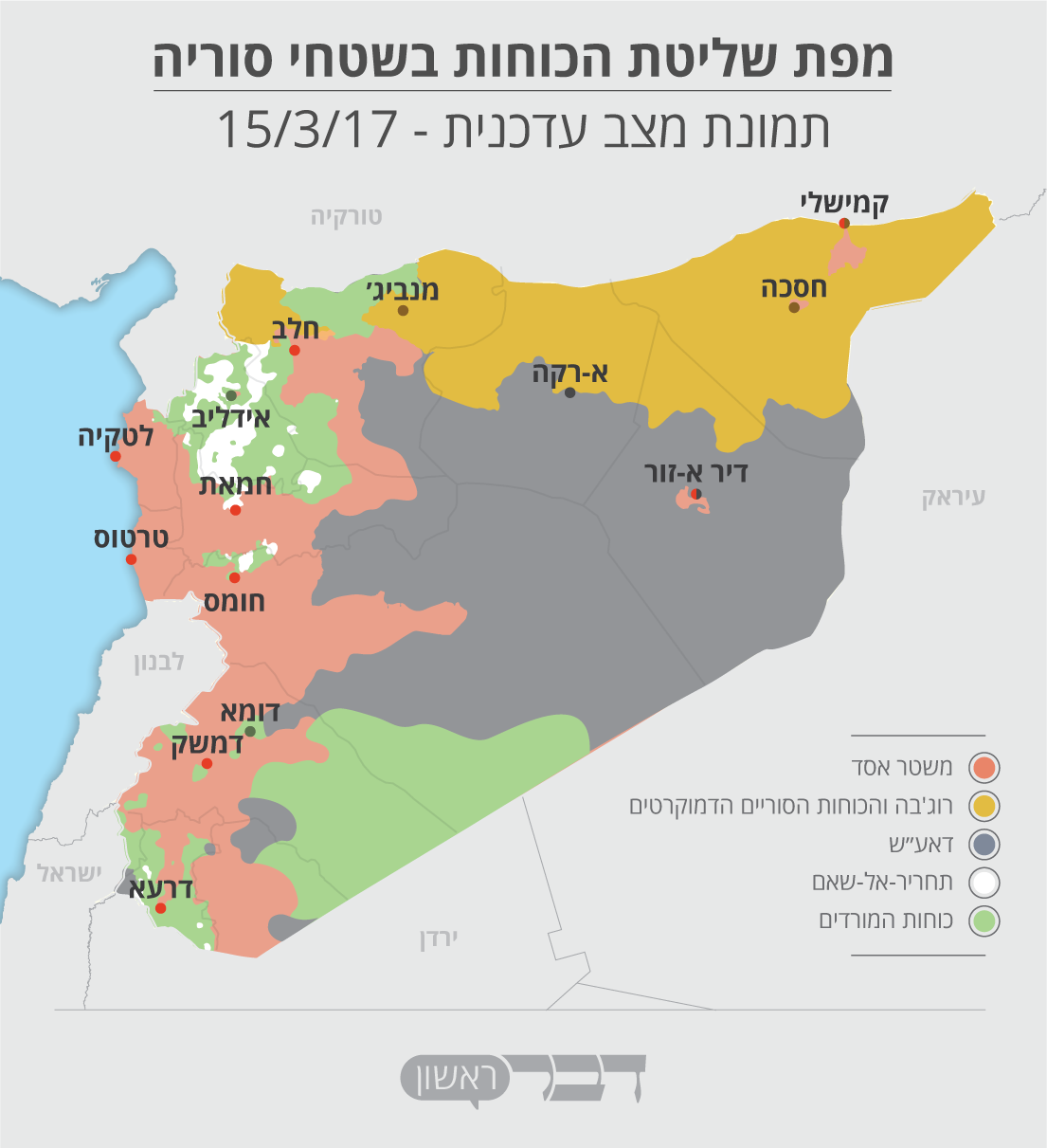 מפת שליטת הכוחות בשטחי סוריה (גרפיקה: אידאה. מקור: ויקיפדיה).