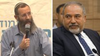 השר אביגדור ליברמן ויגאל לוינשטיין (מריים אלטסר/ פלאש 90, צילום מסך).