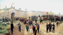 הכניעה הטורקית בניקופול ב-1877. אתר הקרב הוא בעל משמעות משום שניצחון עות'מאני באותו המקום ב-1396 סימן את התפשטות האימפריה לבלקן. (ציור:
Nikolai Dmitriev-Orenburgsky/ ויקימדיה קומונס).