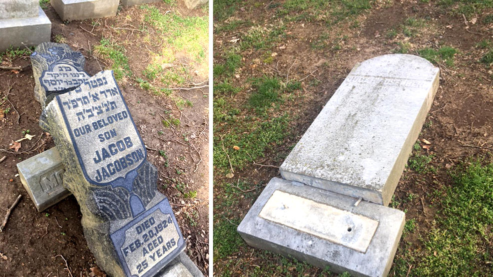 מצבות שבורות בבית הקברות 'הר שרון' בפנסילבניה (צילום: מונה עזרא)