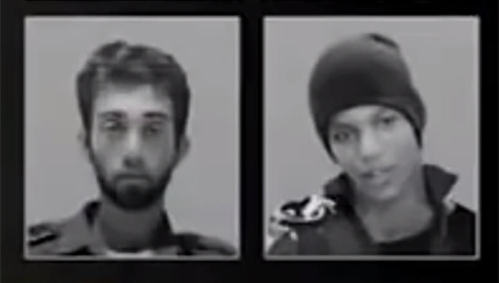 תמונה מתוך הסרטון שפרסמה הזרוע הצבאית של חמאס ב-1.4.16 בה נראים אברה מנגיסטו והישאם א-סייד (צילום מסך מתוך youtube).