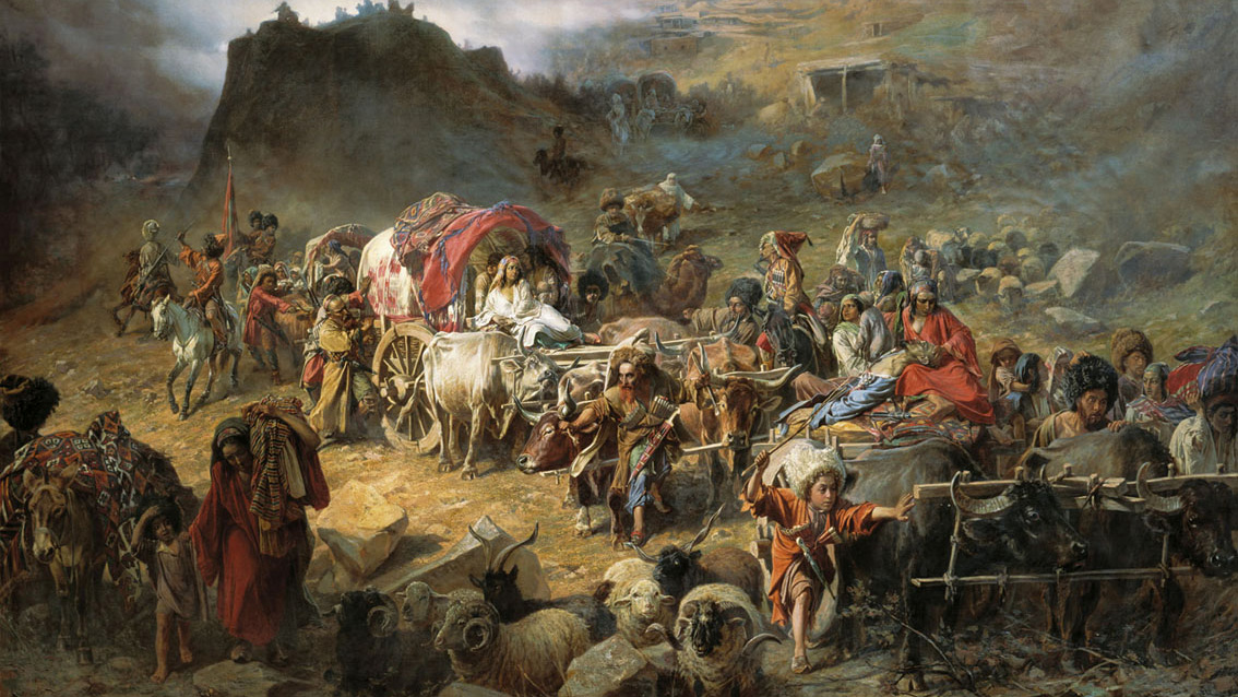 ציור המתאר את &quot;האסון הצ'רקסי&quot; &#8211; תושבי ההרים עוזבים את כפריהם, ציור משנת 1872 מאת פיוטר גרוזינסקי (ויקימדיה קומונס).