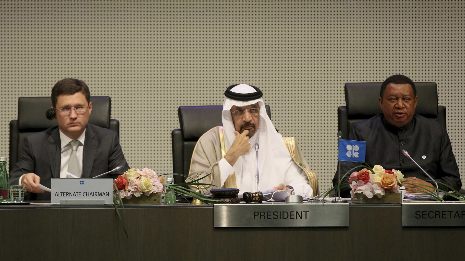 שר האנרגיה והמשאבים הסעודי חאלד אל-פאלח (באמצע) בכינוס אופ&quot;ק. מאי 2017 (צילום: AP Photo/Ronald Zak).