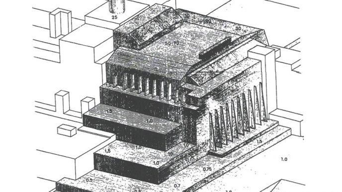 סרטוט של הכור בצ'רנוביל ומבנה הסרקופאג (באדיבות קולונטירסקיי)