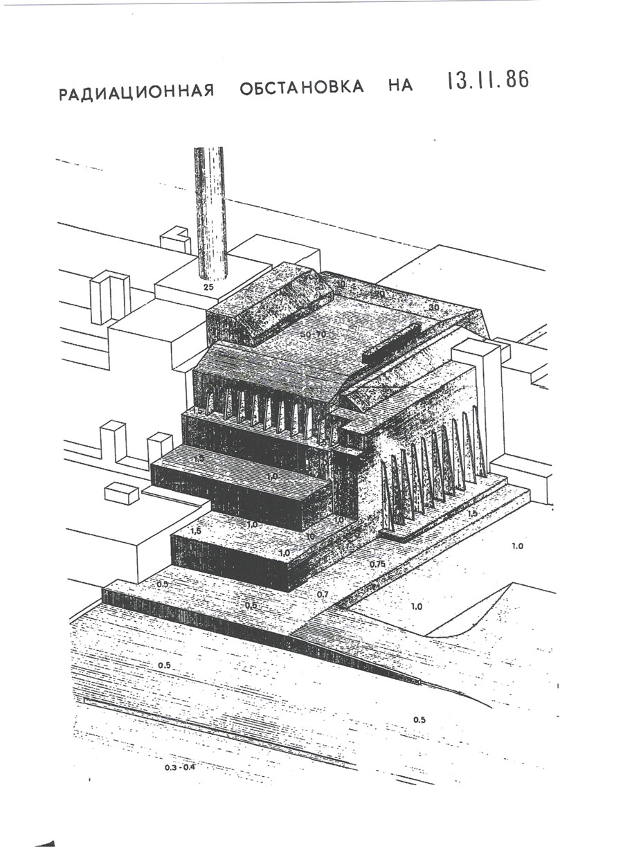 שרטוט של הכור בצ'רנוביל ומבנה הסרקופאג (באדיבות קלנטירסקי)