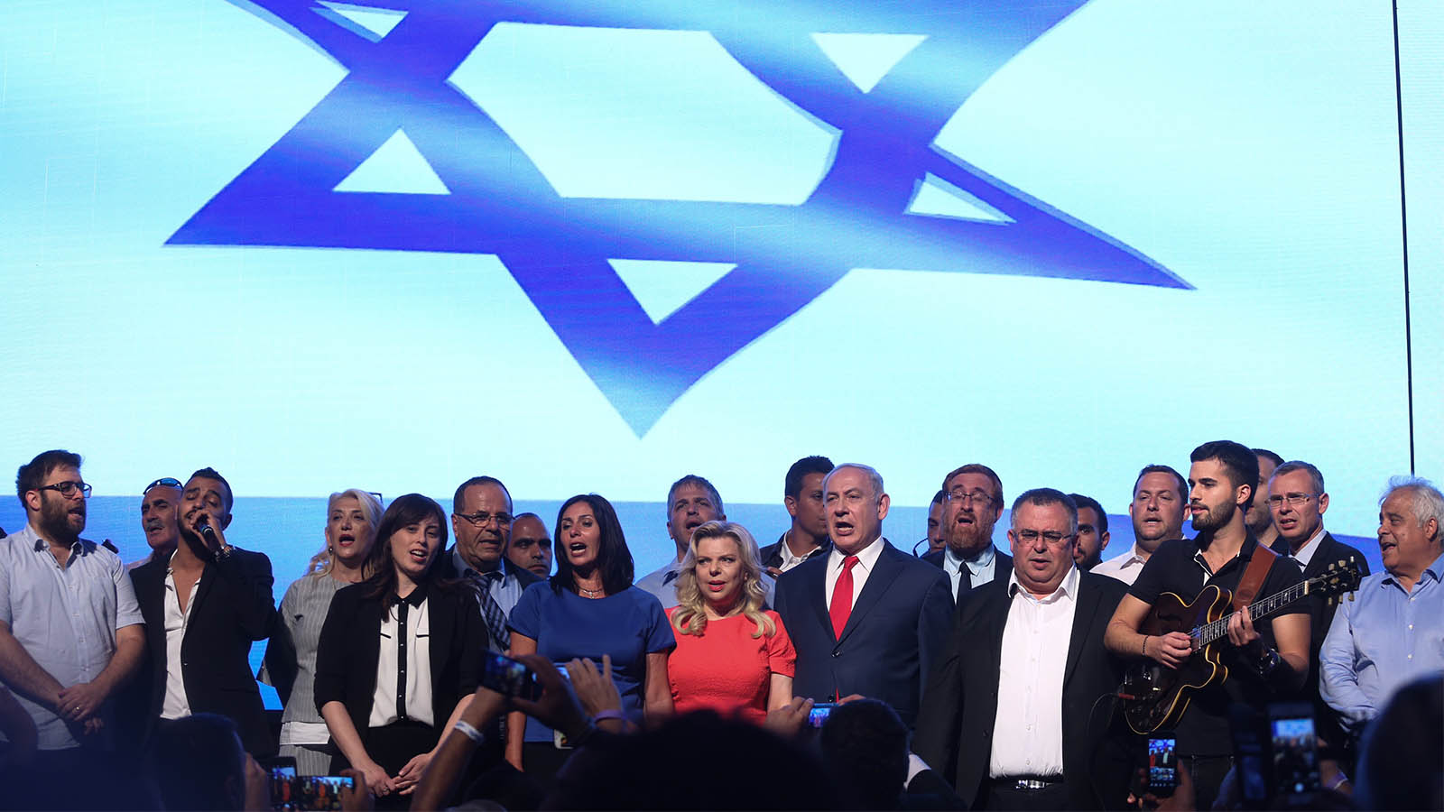 Prime Minister Benjamin Netanyah, his wife Sara, and Likud party members, at a toast ahead the Jewish holiday of Rosh Hashana, and support rally at Airport City, on August 30, 2017. Photo by Miriam Alster/Flash90
