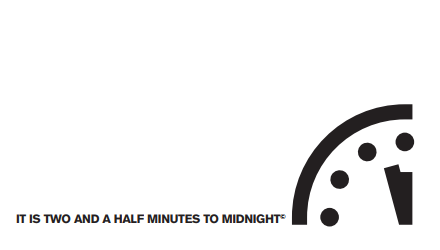 "שעון יום הדין" שעורכת האגודה למדעני הגרעין, אשר מראה שתיים וחצי דקות לחצות, וממחיש הסכנה לפריצת מלחמה גרעינית. צילום מסך