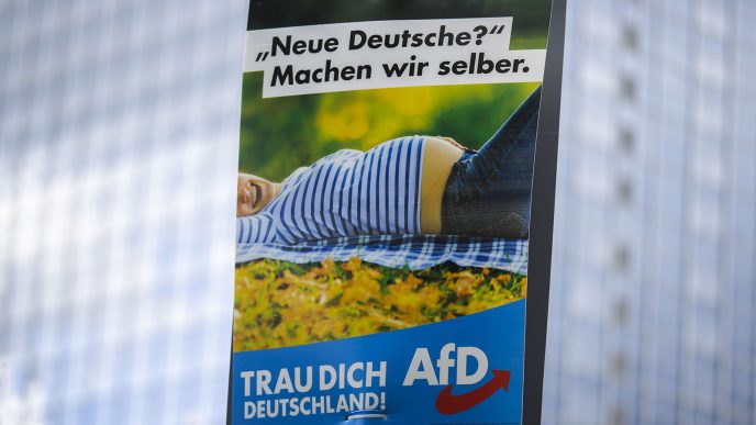 כרזה בחירות של מפלגת AFD אלטרנטיבה לגרמניה &quot;גרמנים חדשים?- אנחנו נכין אותם בעצמנו.&quot; בברלין 13 באוגוסט (צילום: AP Photo/Markus Schreiber)