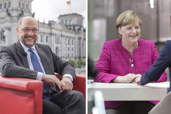 ספטמבר 2017, המתמודדים בבחירות בגרמניה דאז, אנגלה מרקל ומרטין שולץ (AP Photo)