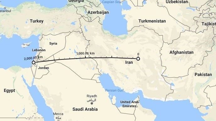 מפת טווחי הטילים האיראנים (סוכנות הידיעות האיראנית טסנים).