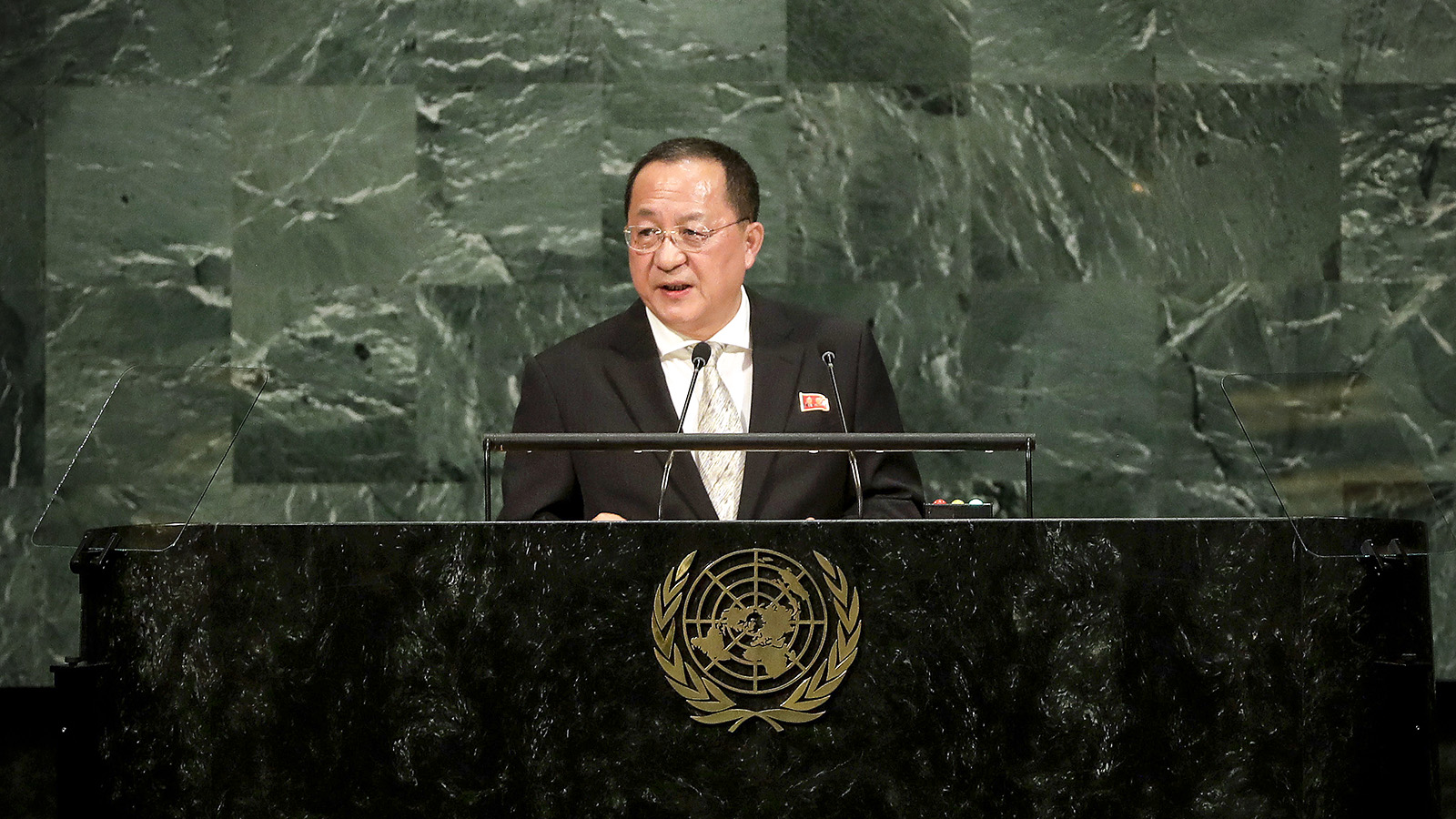שר החוץ של קוריאה הצפונית, רי יאנג הו, בעצרת הכללית של האו״ם (צילום: AP Photo/Julie Jacobson).
