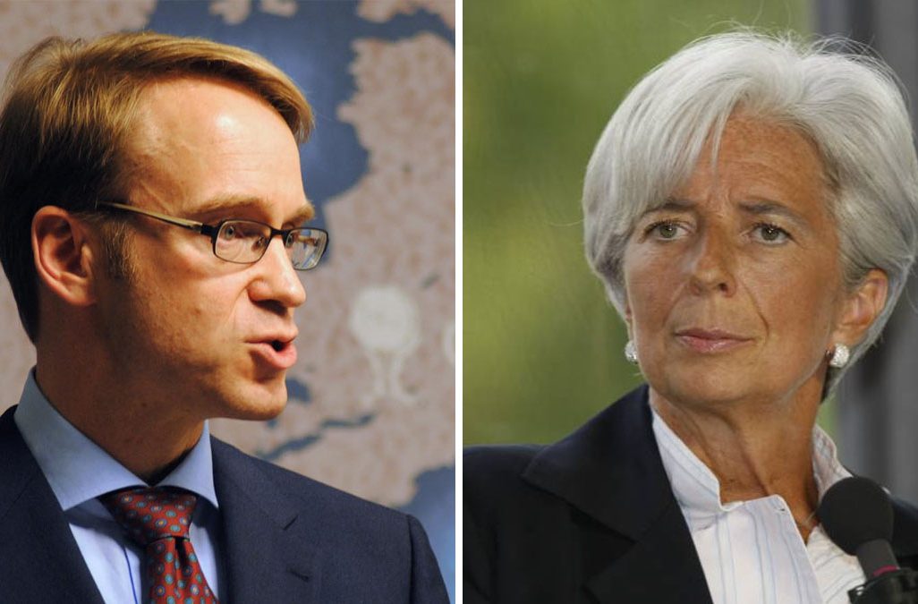 כריסטין לגארד, ראשת קרן המטבע העולמית וויינס ויידמן, נשיא הבנק המרכזי הגרמני  (צילום: MEDEF, מתוך flickr ו- Chatham House)