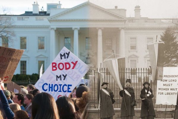 הפגנות נשים מול הבית הלבן. מימין: הפגנות סופרג'יסטיות מול הנשיא וילסון. משמאל: הפגנה נגד הנשיא טראמפ (צילום: Rena Schild / Shutterstock.com גרפיקה: אידאה)