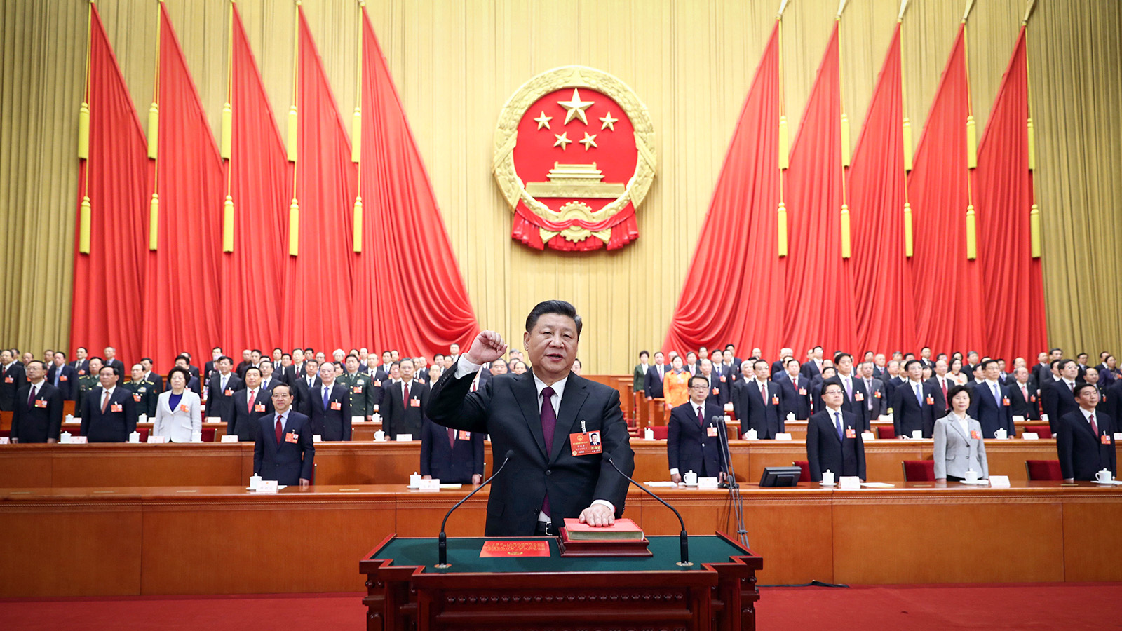 נשיא סין שי ג׳ינפינג בטקס השבעתו מחדש (צילום: Ju Peng/Xinhua via AP).