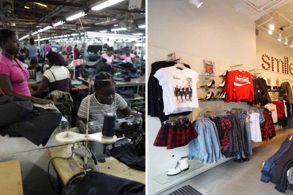 חנות בגדים בגרמניה ומפעל טקסטיל בהאיטי (צילום: Sorbis / Shutterstock.com | AP Photo/Javier Galeano)