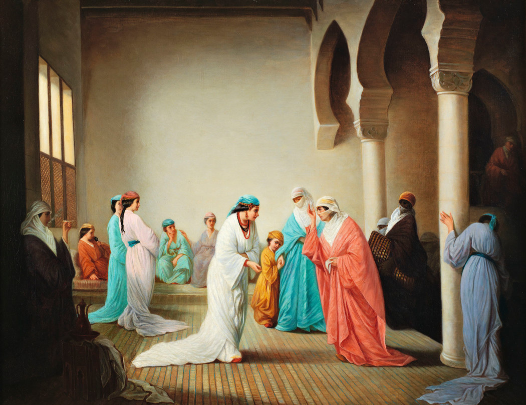 הנרייט בראון. ביקור בפנים החראם בקונסטנטינופול (A Visit: Harem Interior, Constantinople) 1860. שמן על בד. אוסף פרטי.