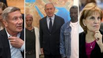 נתניהו עם הוריו של אברה מנגיסטו. מימין: גליה מאור. משמאל: נוחי דנקנר (צילום: המטה להשבת אברה מנגיסטו / יונתן סינדל / פלאש 90).