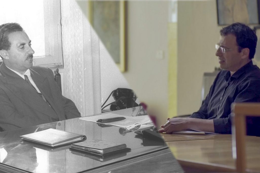 רביב דרוקר לצד משה שרת (צילום: לכידת מסך מתוך התכנית הקברניטים בערוץ עשר; פריץ כהן / לע״מ).