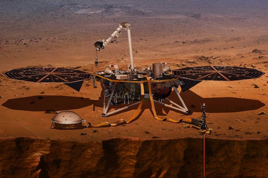 רכב החלל "אינסייט" כפי שאמור להיראות במשימת החקר שלו על-פני המאדים (אילוסטרציה באדיבות נאס"א)