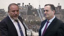 השר כץ והשר ליברמן. ברקע הפגנות על גדר הגבול ברצועת עזה. 8 ביוני (צילומים: יונתן זינדל/ הדס פרוש/ פלאש 90)