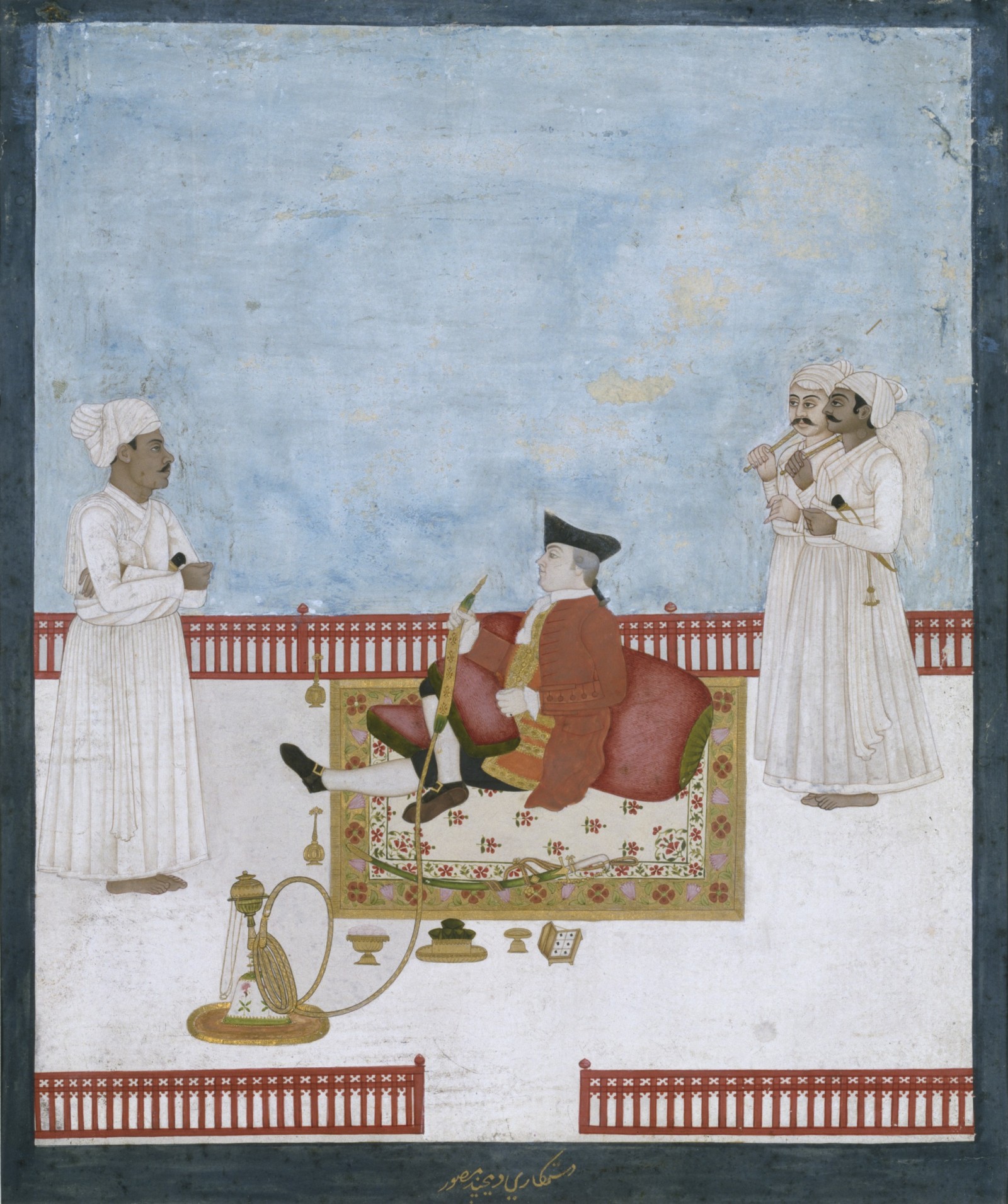 פורטרט של פקיד של חברת הודו המזרחית (האנגלית); אלו תמונות של אמנים הודים והן נקראות ציורי החברה. בתמונה כנראה מופיעה ויליאם פולרטן (Fullerton) מרוזמואנט שאחד הפקידים הבכירים של חברת הודו המזרחית בשנת 1744 ;והוא היה רופא כירורגי בעיר כלכותה בשנת 1751 ולאחר מכן הוא שימש כראש העיר של כלכותה בשנת 1757; בשנת 1763 הוא היה המנתח הראשי סוכנות פאנטה; היחיד ששרד את הטבח של מיר קאסים (Mir Kasim) ממורשידאבאד (Murshidabad). פולרטן, היה גם בלשן מעולה והוא בקשרי ידידות עם הודים רבים והיו לו פילגשים לא מעטות. מקור לתמונה- מוזיאון ויקטוריה ואלברט (Victoria and Albert Museum).