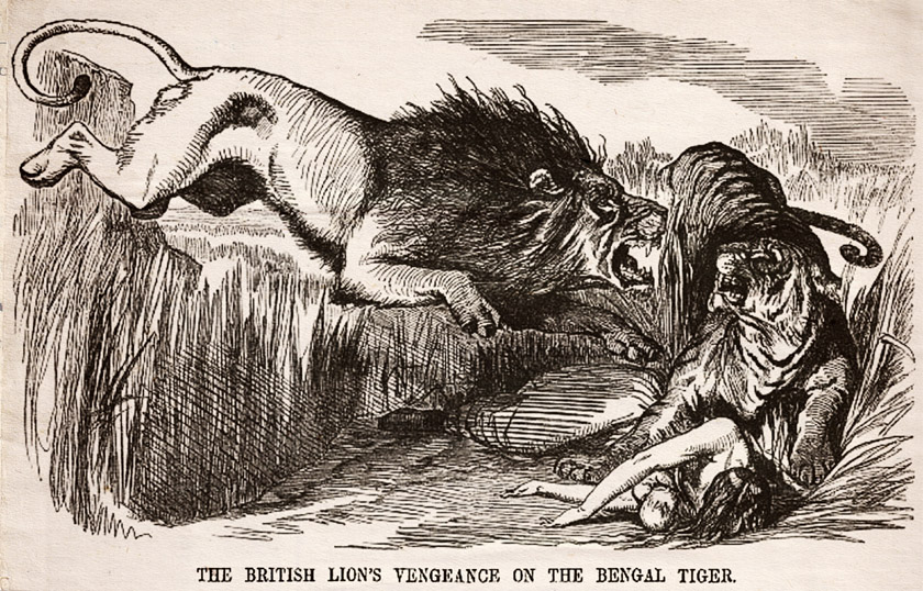 נקמתו של האריה הבריטי בטיגריס הבנגלי, לאחר שהוא הרג אישה אנגלייה ותינוק. פאנץ' (Punch) 33 אוגוסט 1857, ע' 77-76. מקור לתמונה ויקיפדיה.