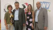 מימין: סגן שר העבודה הפלסטיני סאמר סאלמה, יו:ר המחלקה הבינלאומית בהסתדרות אביטל שפירא, יו"ר המחלקה הבינלאומית בהסתדרות, שאהר סעד- מזכ"ל פדרציית האיגודים הפלסטינים ונשיא איגוד עובדי הבניין הפלסטיני, וקתלין פיסצ'ייר- יו"ר קבוצת העובדים בארגון העבודה הבינלאומי וחברת הנהגה ב-FNV ההולנדי.