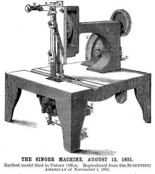 שרטוט מכונת התפירה שהגיש אייזק זינגר למשרד הפטנטים ב-12 באוגוסט 1851 (צילום: מתוך ויקימדיה)