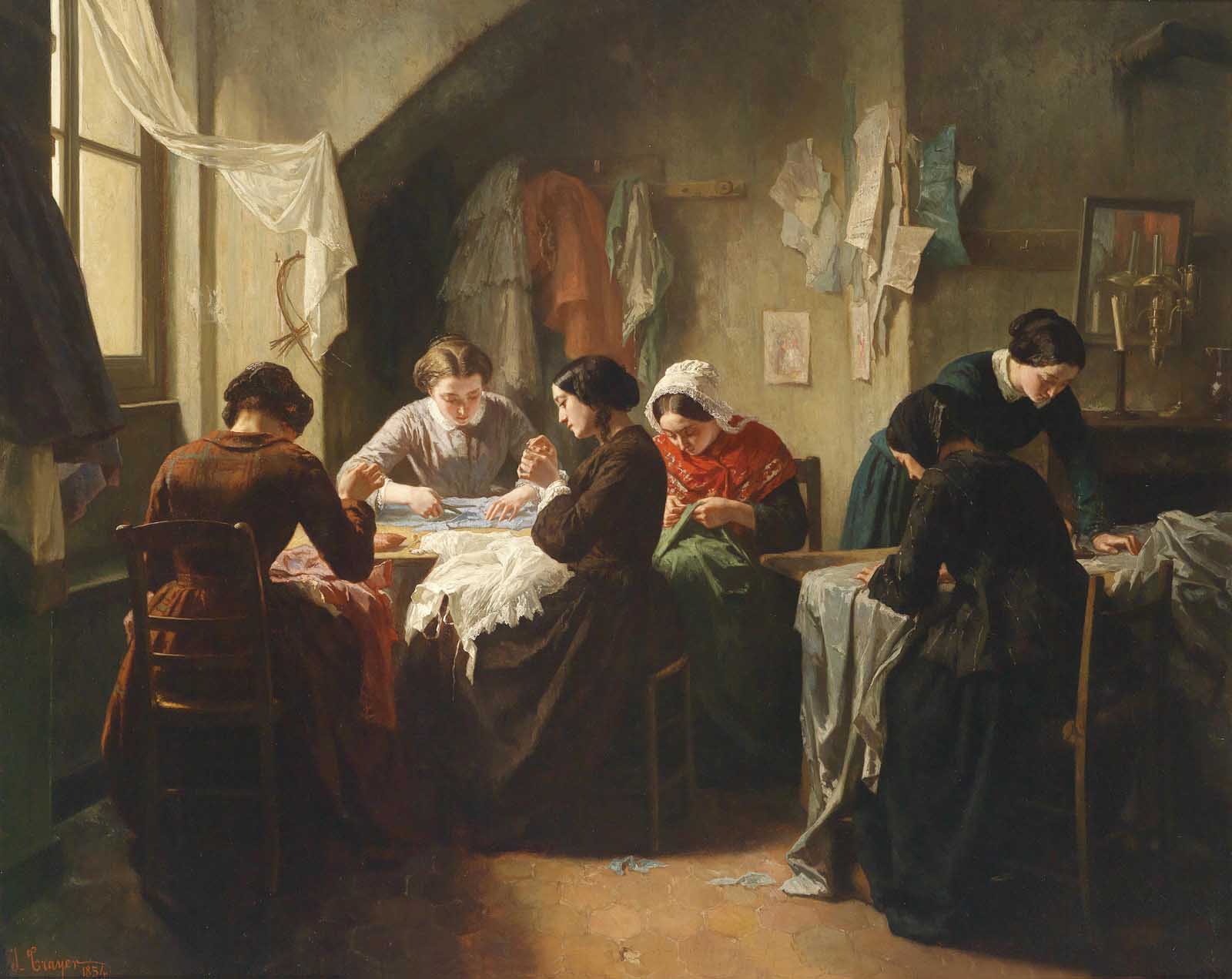 נשים תופרות ביד. איור משנת 1854 (איור: Jean Baptiste Jules Trayer)