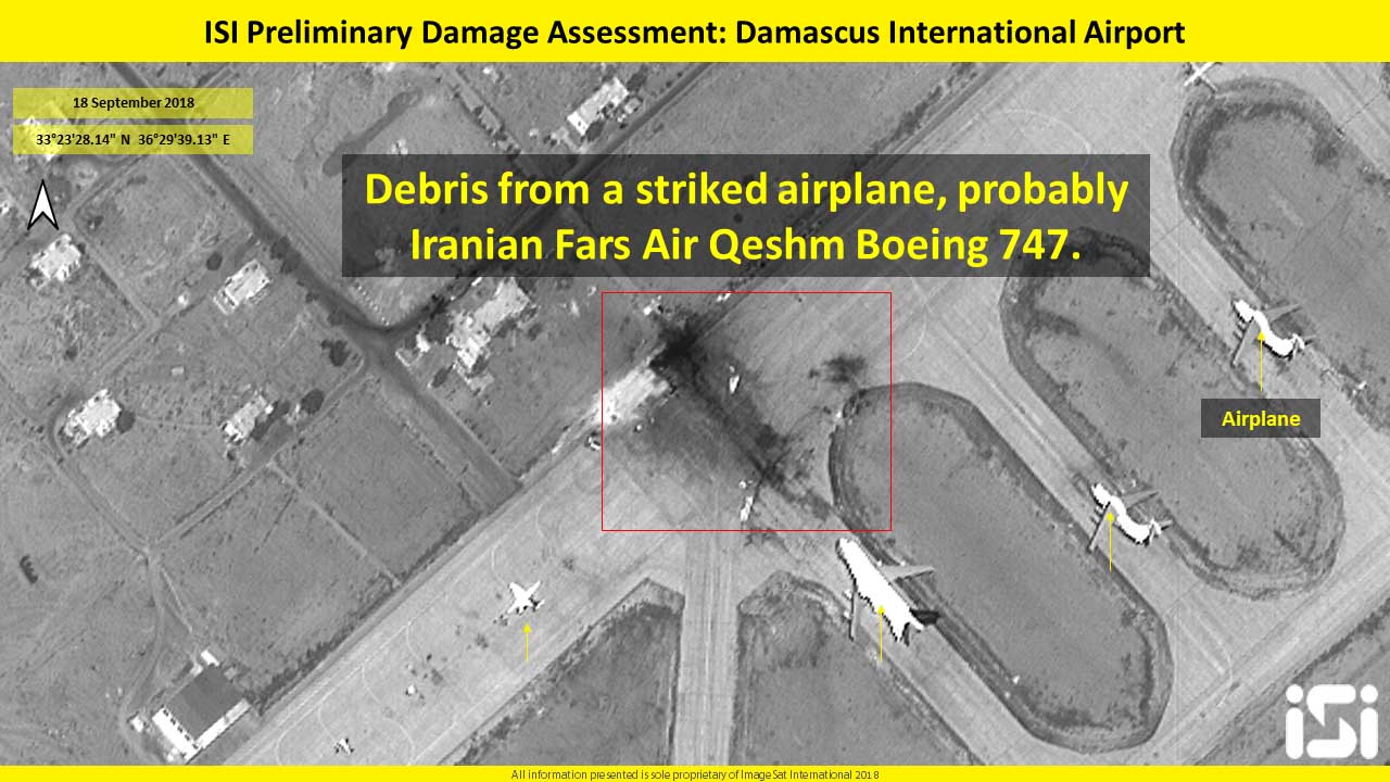 צילומי לווין המתעדים את תוצאות תקיפת צה&quot;ל בסוריה. בתמונות נראים שרידיו של מה שנראה כמו מטוס בואינג 747 איראני ומחסן תחמושת הרוס בסביבת לטקיה. (ImageSat International (ISI))