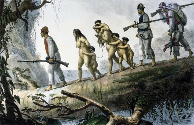 חיילים מובילים ילידים לעבדות בדרום אמריקה (ציור מאת Jean-Baptiste Debret / ויקיפדיה).