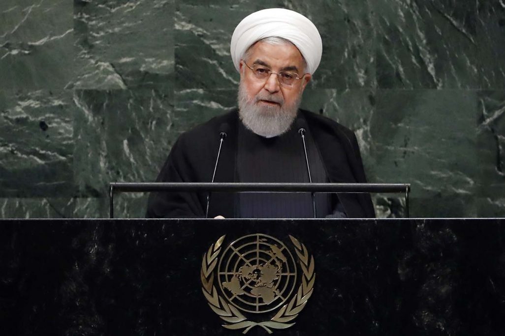 נשיא איראן רוחאני נואם בועידת האומות המאוחדות. 25 בספטמבר 2018 (AP Photo/Richard Drew)