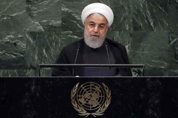 נשיא איראן לשעבר רוחאני נואם בועידת האומות המאוחדות, 25 בספטמבר 2018. רוחאני, שנחשב למתון יחסית, מנוע מלהתמודד בבחירות הנוכחיות (AP Photo/Richard Drew)