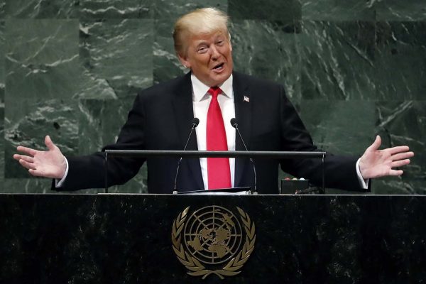 נשיא ארה"ב טראמפ נואם בועידת האומות המאוחדות. 25 בספטמבר 2018 (AP Photo/Richard Drew)
