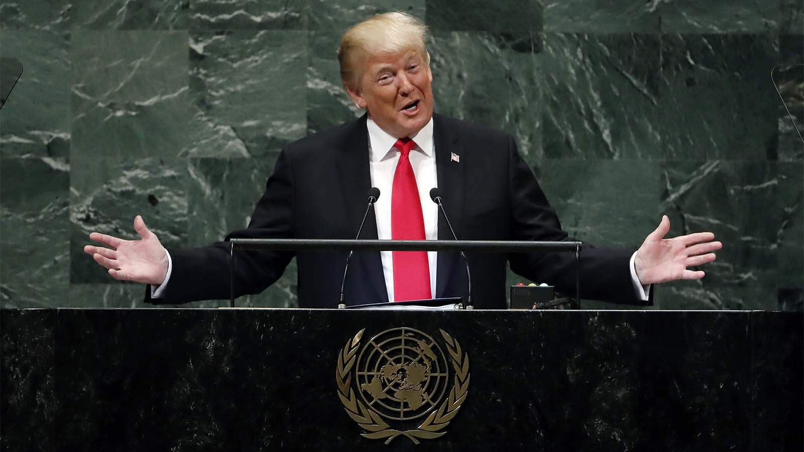 נשיא ארה&quot;ב טראמפ נואם בועידת האומות המאוחדות. 25 בספטמבר 2018 (AP Photo/Richard Drew)