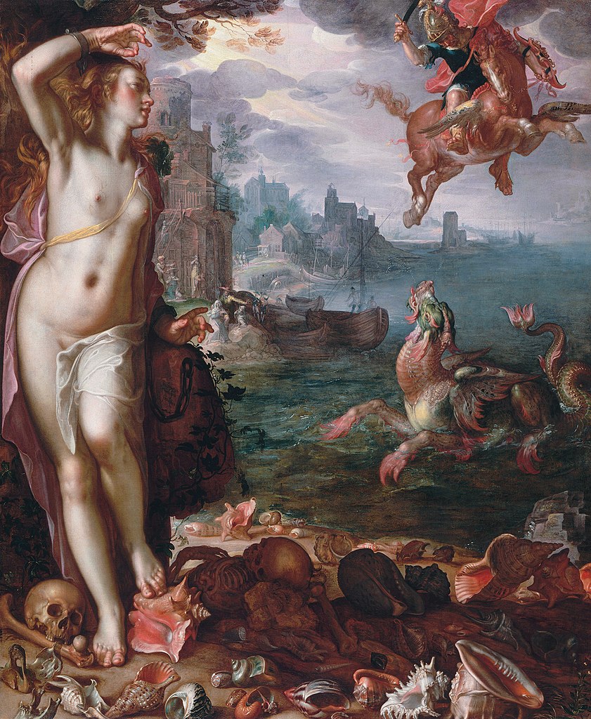 אנדרומדה ופרסאוס, ציור מאת יואכים וייטויאל, 1661. על פי האגדה אנדרומדה נקשה לסלעי יפו כקורבן להצלת יפו, אך היא ניצלה.