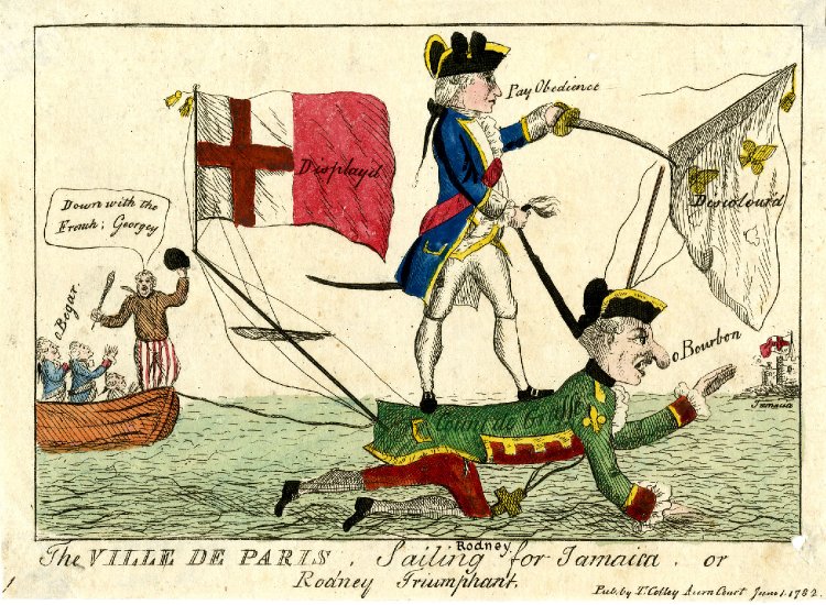 ויל דה פאריז (The Ville de Paris) &#8211; ספינת הדגל הצרפתית &#8211; מפליגה לג'מייקה או מצעד ניצחון (Triumph) של רודני. בתמונה רואים את האדמירל סר רודני רוכב על האדמירל הרוזן דה גראס אחרי הניצחון בקרב הקדושים וברקע רואים מלח בריטי מהלל את המלך ג'ורג' (השלישי) מקור :המוזיאון הבריטי (The British Museum).
