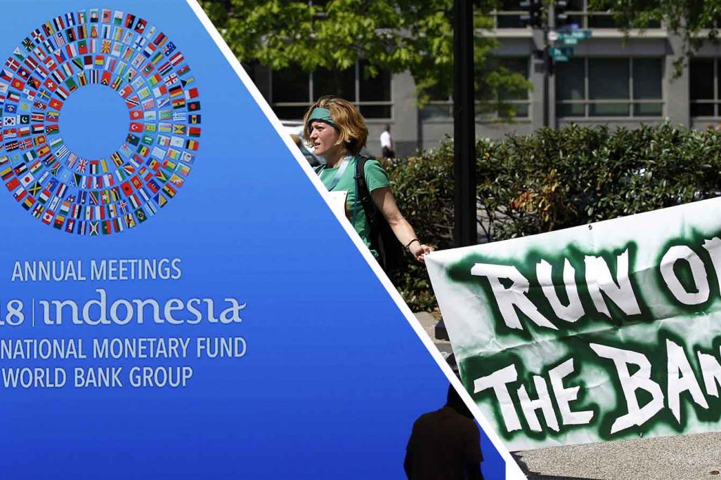 פסגת הבנק העולמי וקרן המטבע העולמי באינדונזיה 8 באוקטובר 2018. והפגנות מול הפסגה ארכיון  (AP Photo/Firdia Lisnawati /Jose Luis Magana)