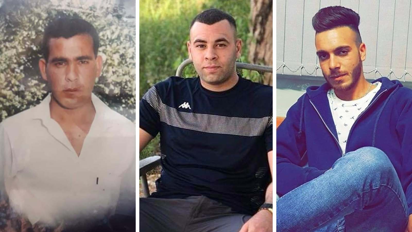 שלושת ההרוגים בתאונות הבניה שאירעו ב-15 באוקטובר 2018. מימין: מוחמד נדאל ברגות, מחמד אכרם שואהנה, נעמאן ח'ליל עבאס דעדוש