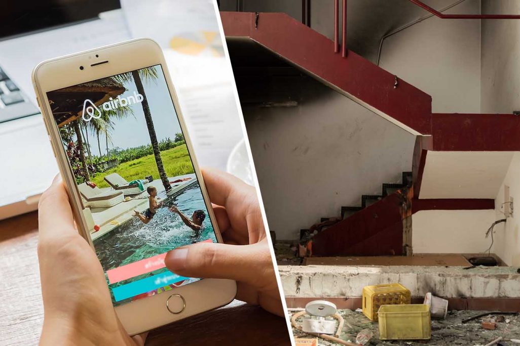 אפליקציית airbnb וחדר מדרגות הרוס (צילום אילוסטרציה, Worawee Meepian / Shutterstock.com).