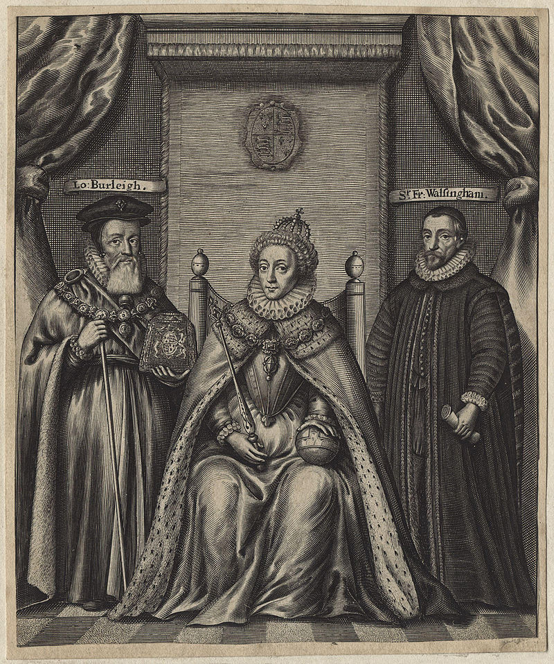 תחריט של אליזבת ה-1, מלכת אנגליה, יושבת ולצידה שני יועציה הקרובים: סר ויליאם ססיל וסר פרנסיס וולסינגהם. הזכויות שמורות לגלריית הדיוקנאות הלאומית (National Portrait Gallery)